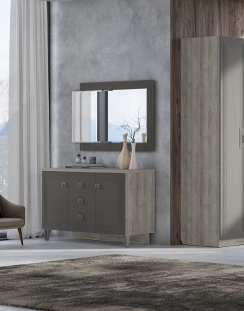 Комод 2дв, 3ящ Лежер КМ-3103 дуб серый/холст вулканический(СанТан) в Кировграде - kirovgrad.mebel-e96.ru