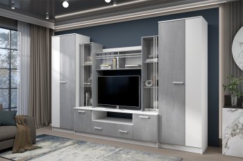 Стенка Николь-2 белый/бетонный камень(Зарон) в Кировграде - kirovgrad.mebel-e96.ru